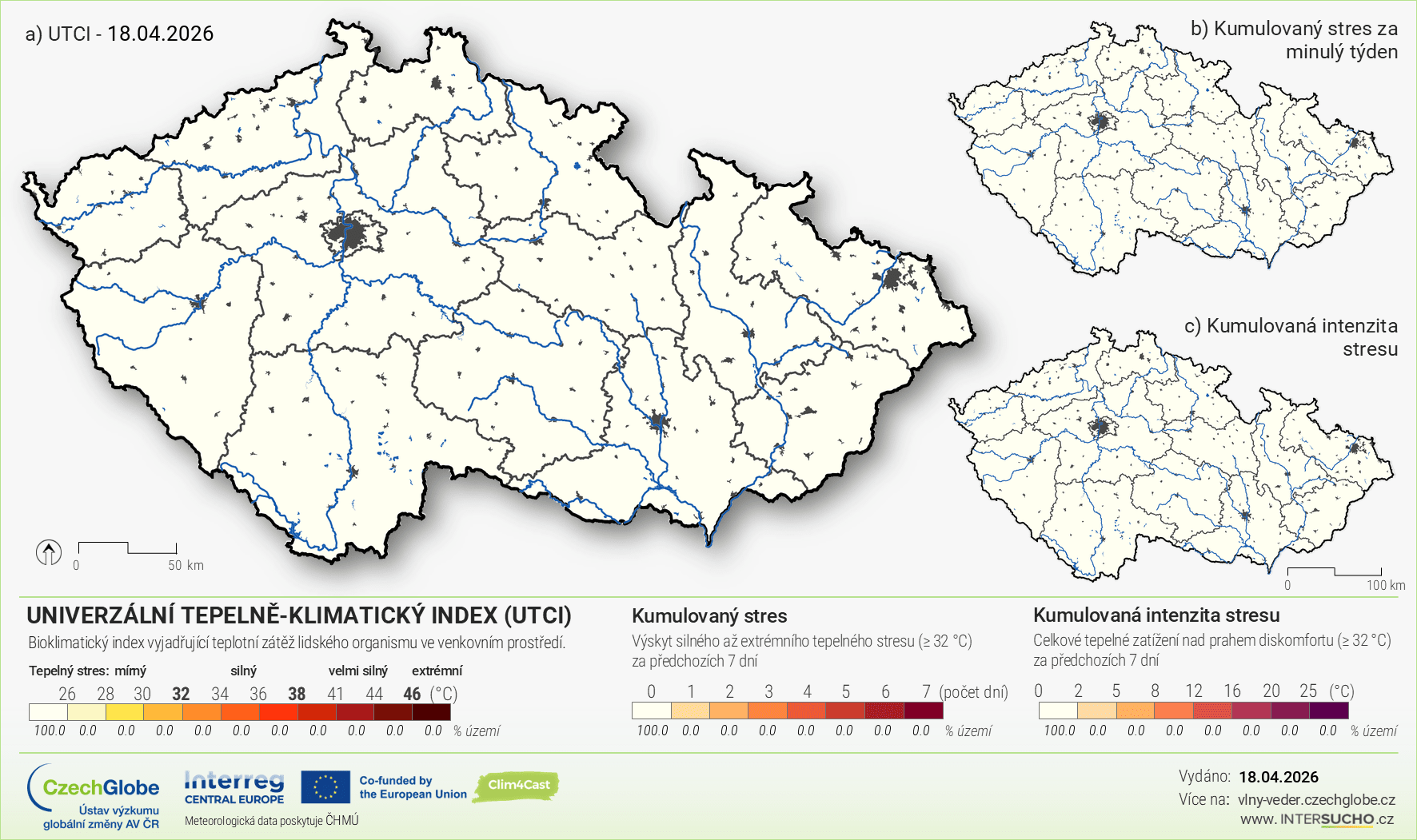 Mapa ČR s univerzálním teplotně klimatickým indexem