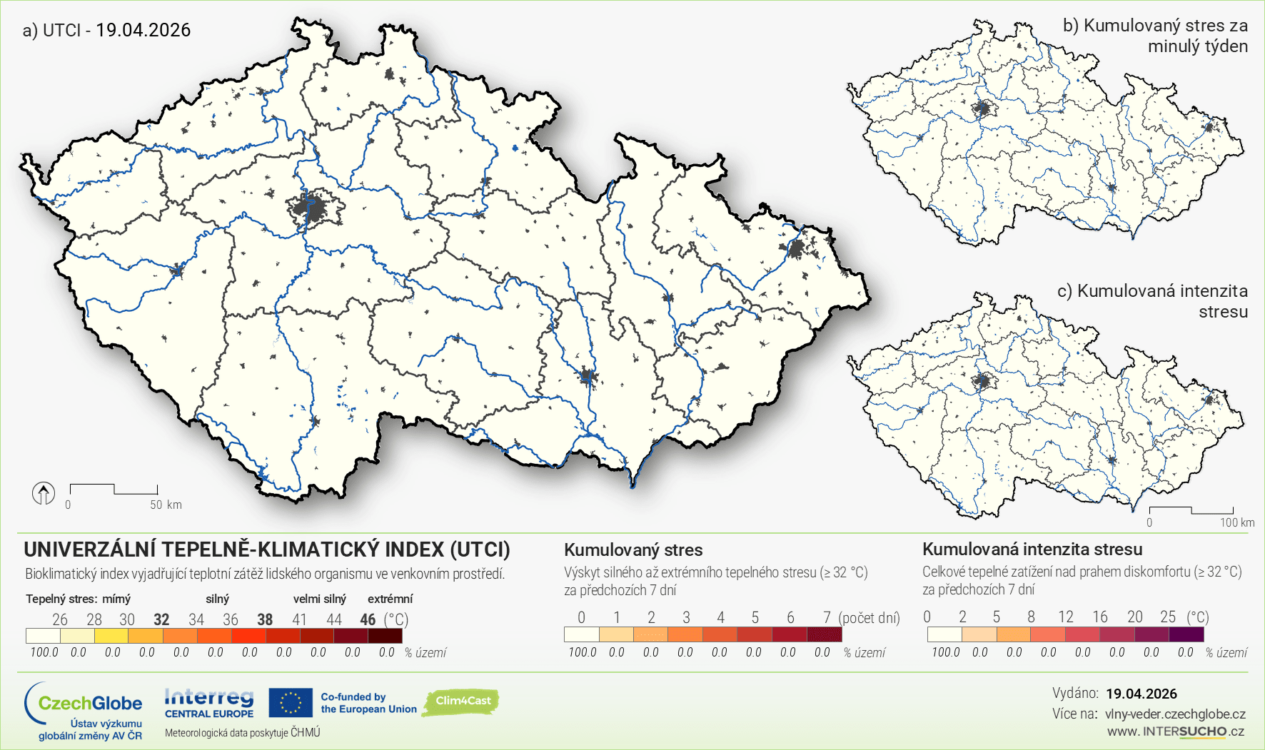 Mapa ČR s univerzálním teplotně klimatickým indexem