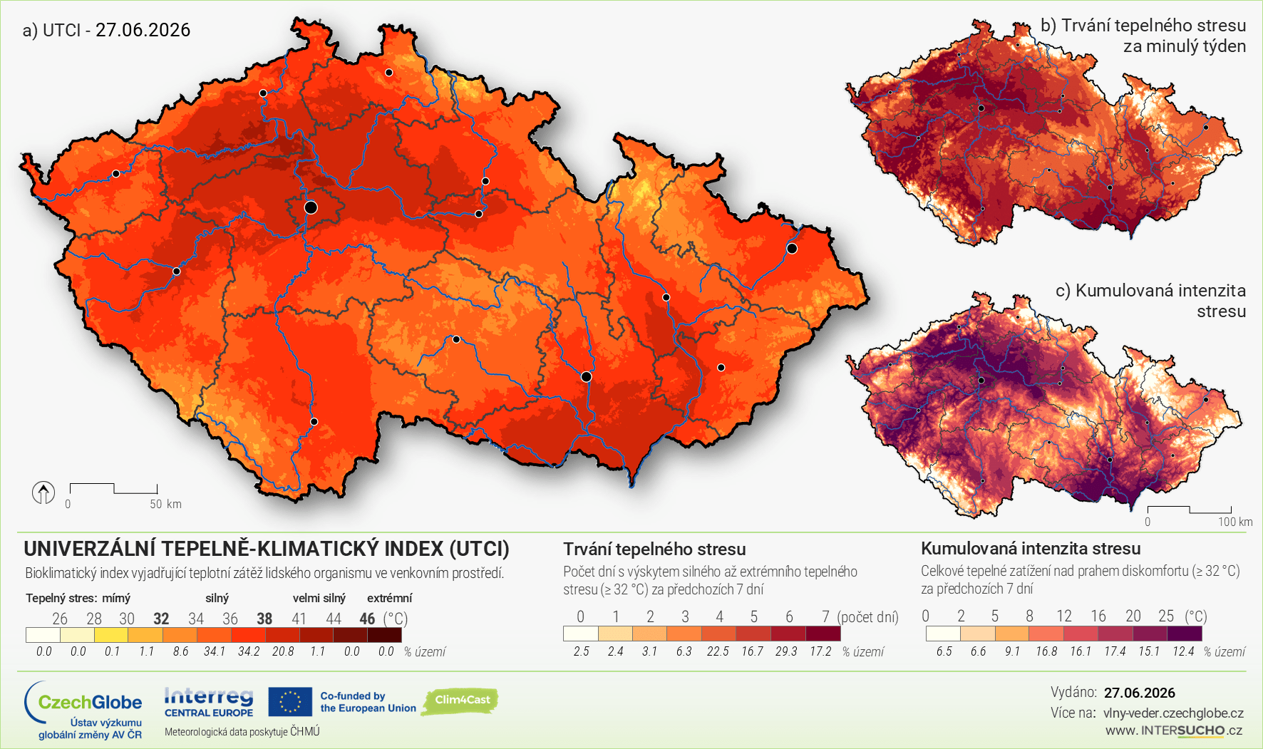 Mapa ČR s univerzálním teplotně klimatickým indexem
